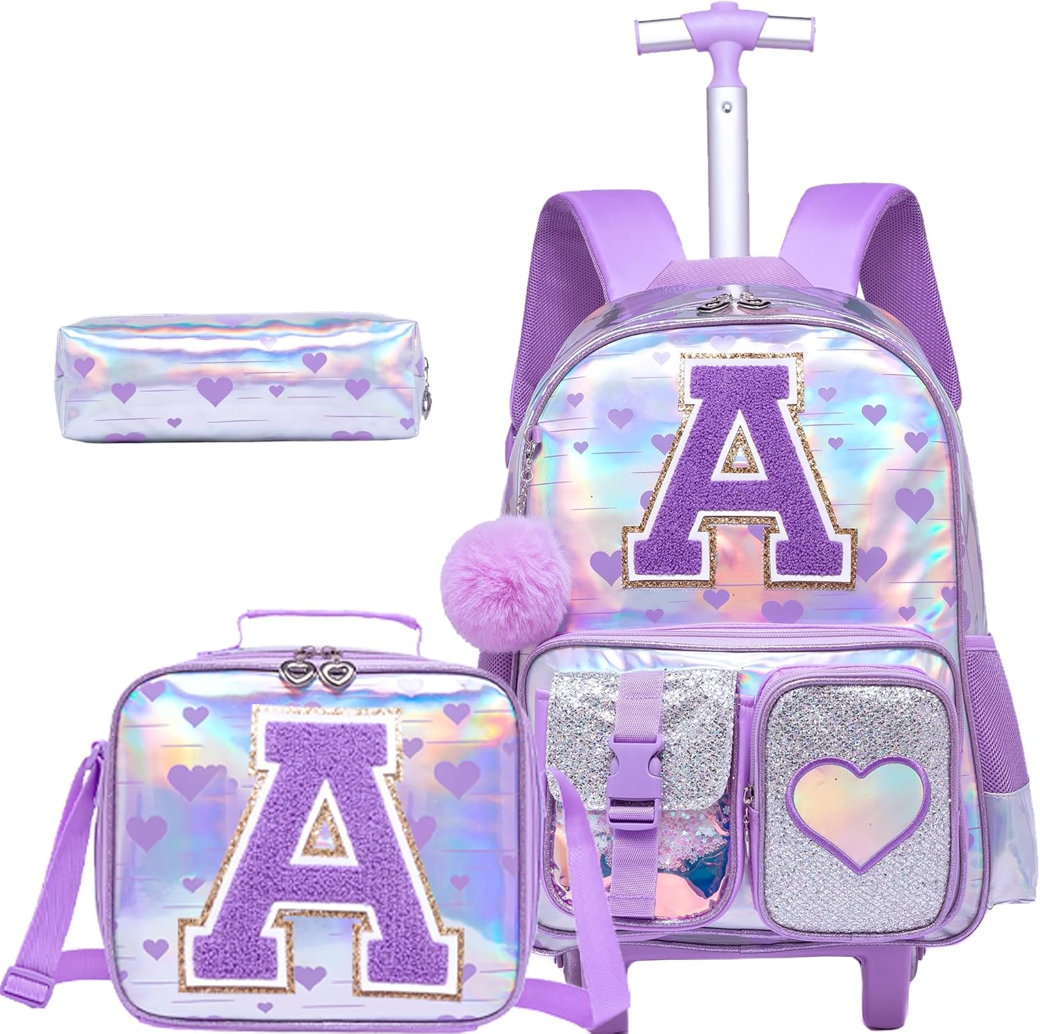 Meetbelify Rolling Backpack for Girls Backpack with Wheels for Elementary Student Kids Carry on Bag with Lunch Box Pencil Case for Girls Ages 6-8 Years Old