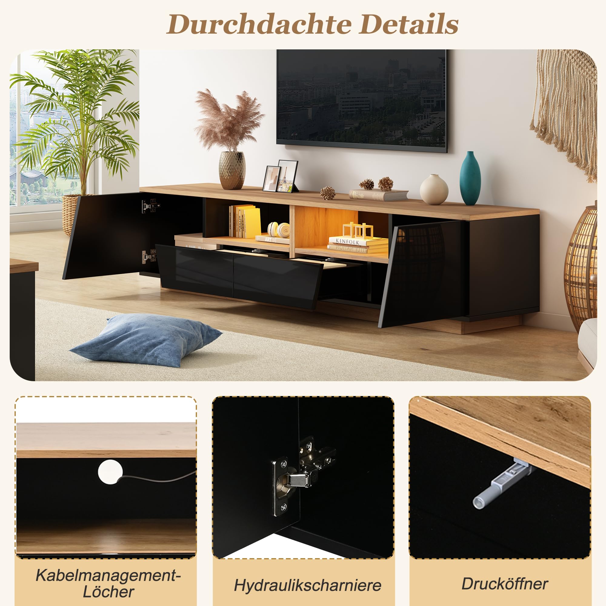 Mueble bajo para TV con LED, 180 cm, color negro natural