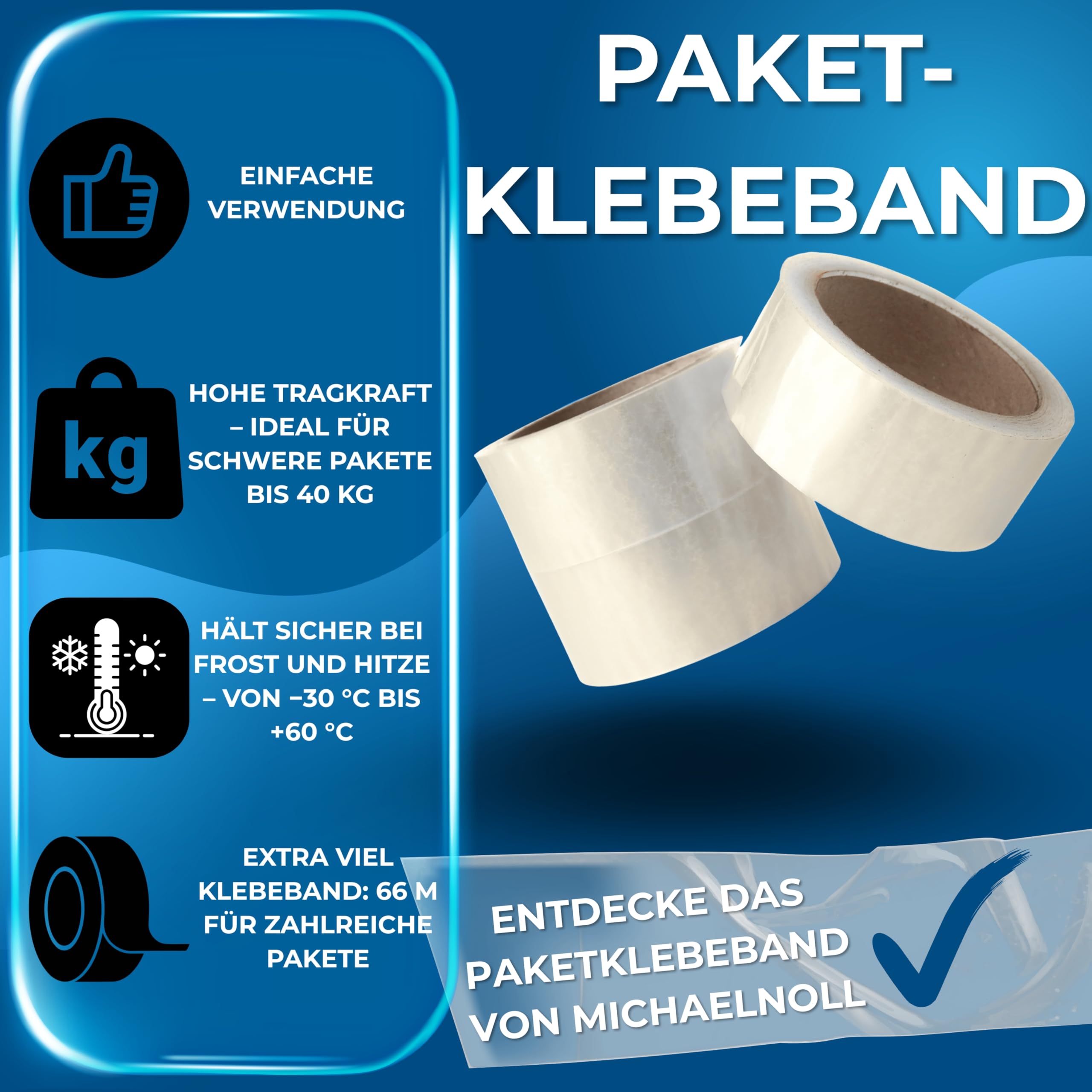 MichaelNoll Paketklebeband, Klebeband, Paketband, Packband für Lager, Versand, Transport und Verpacken von Paketen, transparent, durchsichtig, klar, farblos, 66 m x 48 mm (144, Transparent)