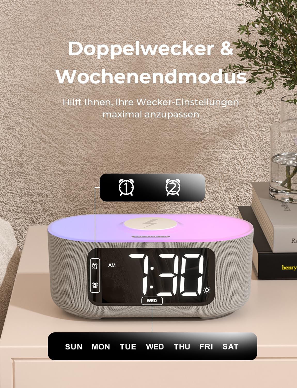 LIORQUE Digitaler Radiowecker mit Kabelloser Ladestation, Bluetooth Wecker mit Licht, 15W Fast Wireless Charger Qi, LED Display mit Auto Dimmer, 2 Wecker, Wochenendmodus, Schlafmusik