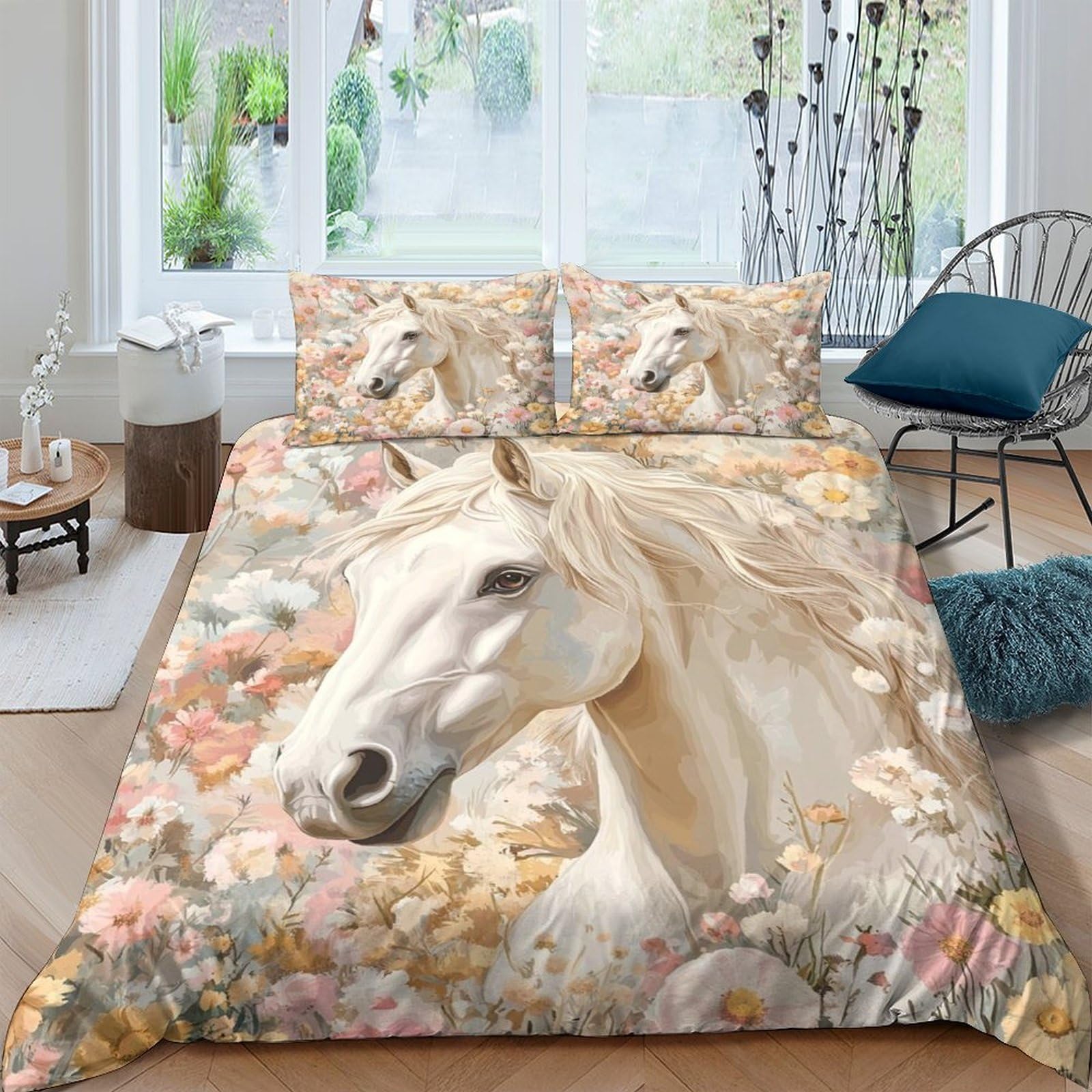 Ctjqhvkz Style-5 3D Printed White Horse Fitted Sheet Microfiber Soft Floral Bed Cover Slip-Resistant Machine Washable For Bedroom Guest Room Decor Single（135X200cm）