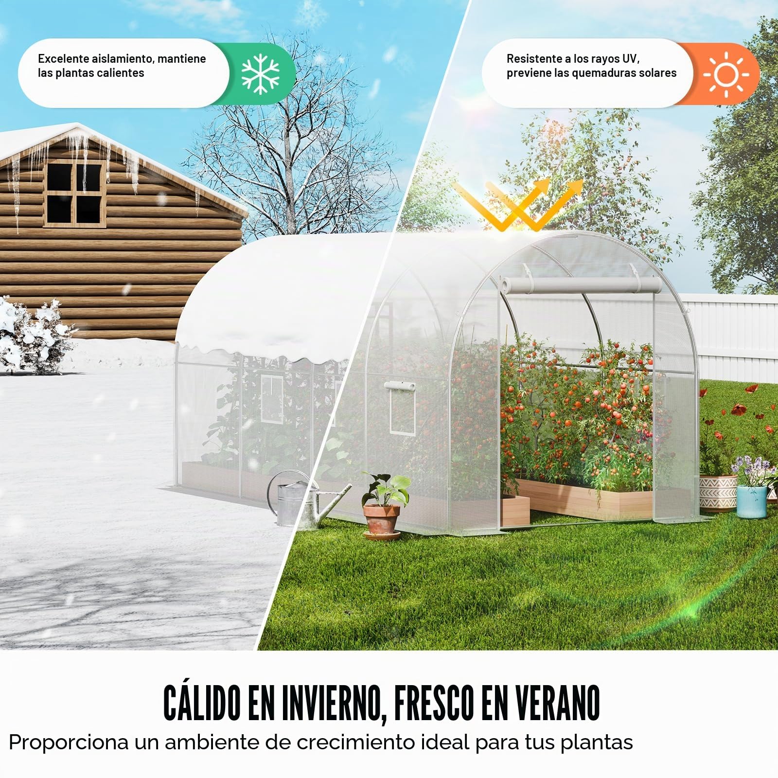 VEVOR Invernadero Túnel 292x196x190 cm Carpa Refugio para Plantas Estructura de Acero Galvanizado Cubierta de PE Puerta Enrollable con Cremallera 6 Ventanas para Cultivo de Verduras Flores, Blanco
