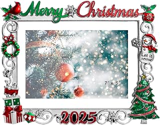 Christmas Snowflake 5x7 Picture Frame Christmas Metal Display Photo Frames with Red Rhinestone High Definition Glass Front Gift Ideas Tabletop Home Decorative (2025 Snowman)