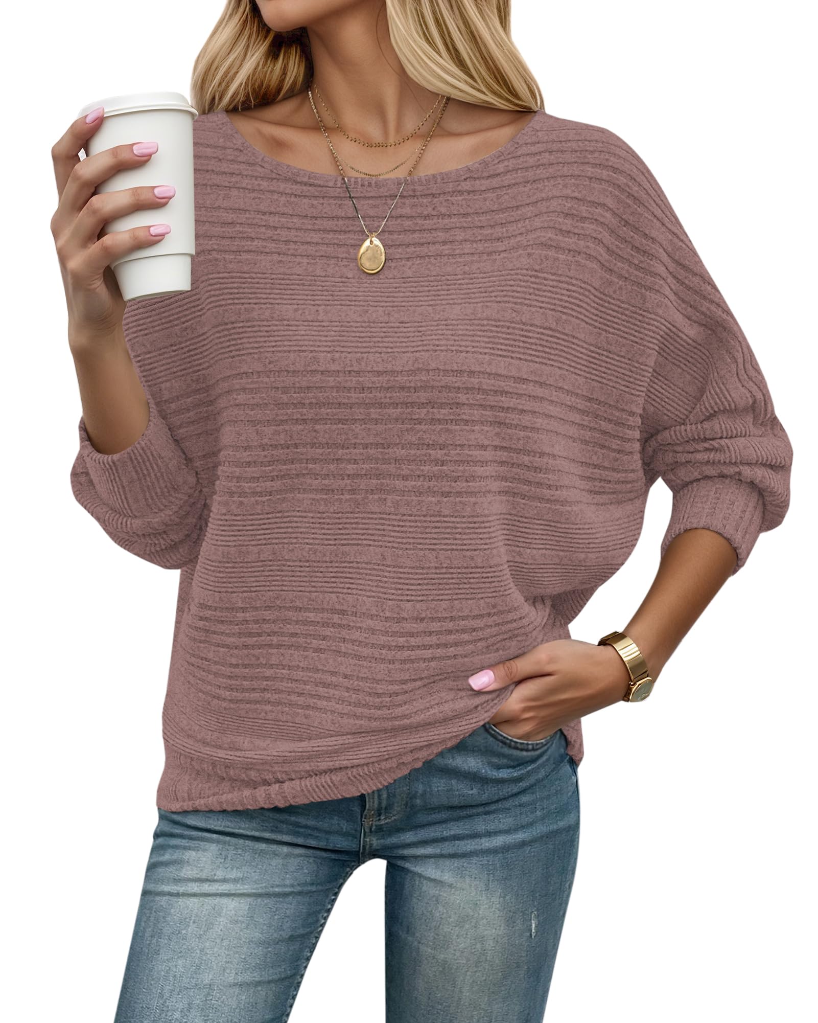 WNEEDU Pull Femme Chic et Elegant Pulls léger Tricoté Hiver à épaules Nues Col Bateau Manches Chauve-Souris Automne Chaud Haut Top