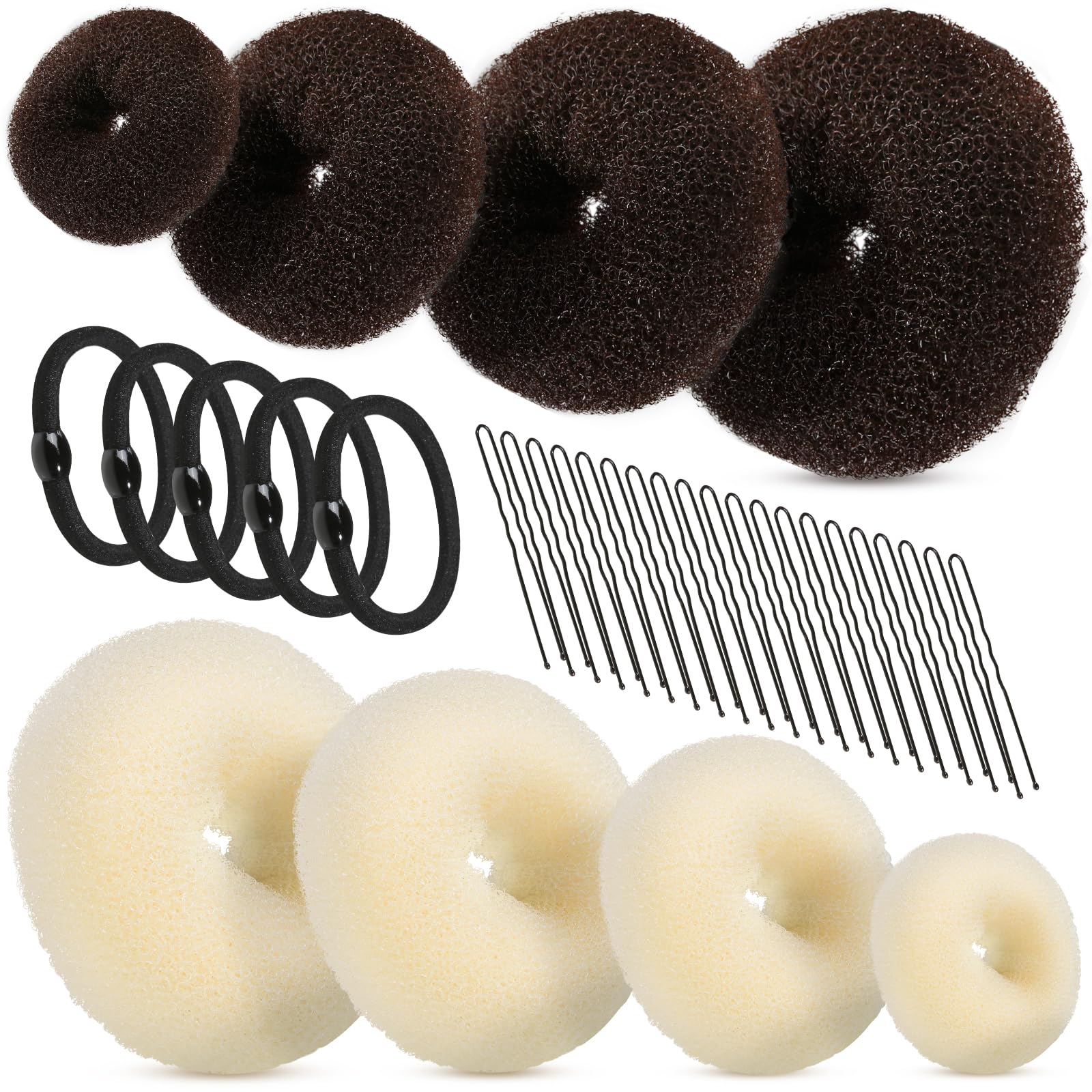 FANDAMEI 8pcs Hair Donut Bun - Dark Brown & Beige Donut Bun Maker, 5pcs Hair Bands, 20 pcs Hair Pins