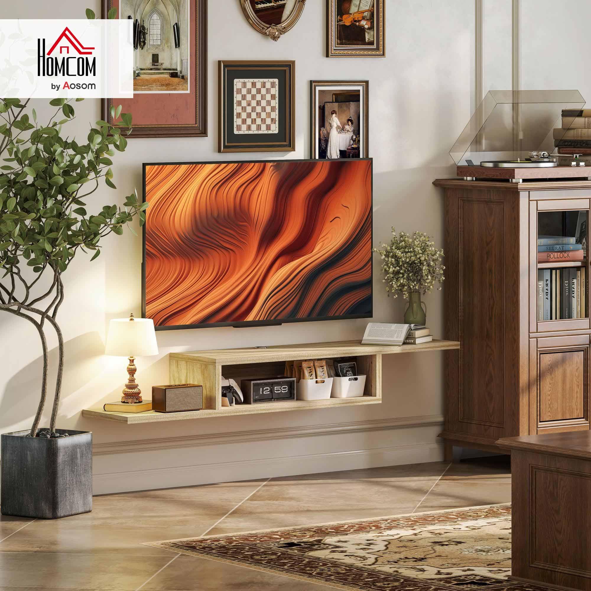 HOMCOM Meuble TV Mural Flottant Suspendu Support TV - étagère Murale Flottante - Niche, Passe-Fils - chêne Clair