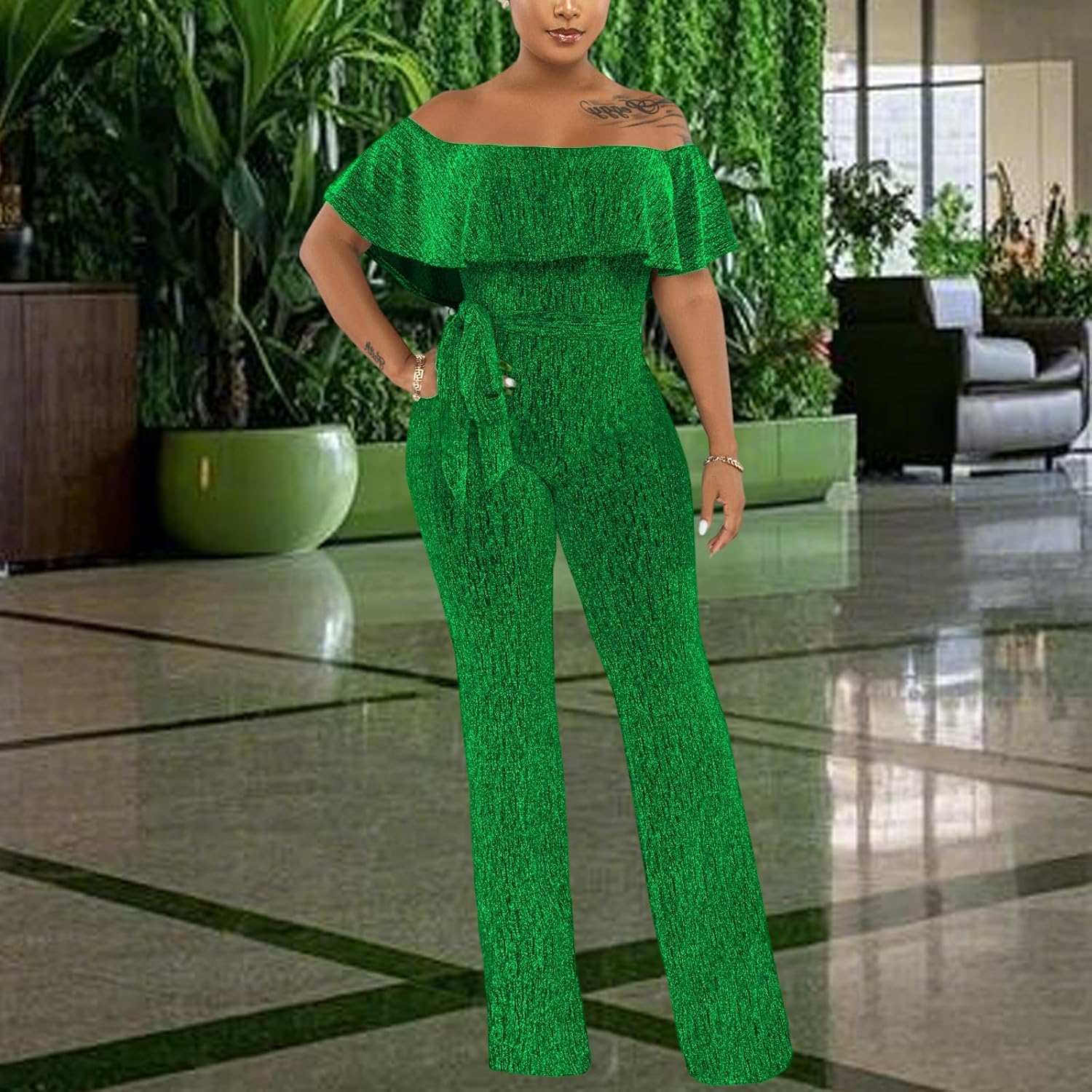 Women's Sexy Sparkly Classy Jumpsuits Casual Off Shoulder Loose Wide Leg Pants Clubwear Party Rompers - Image 3