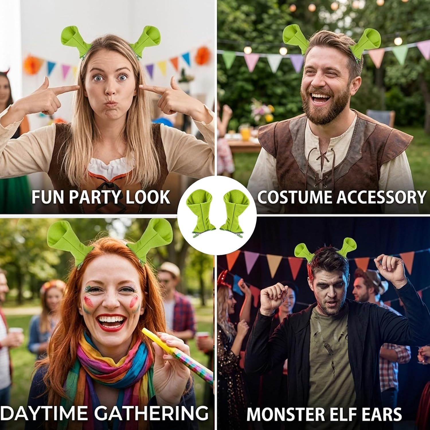 Ogre Ears Hair Clips, Halloween Ears, 6 Pairs Green Ears Dress Up for Costume Parties, Halloween, Theater Performances, Dress-Up Party, Monster Ogre Ear Clips for Adults