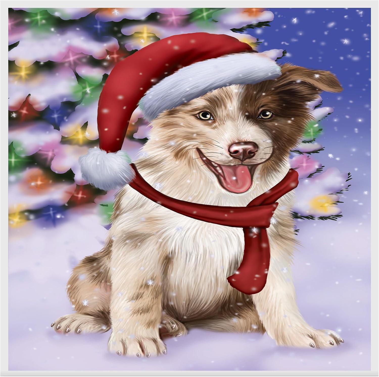 Winterland Wonderland Christmas Border Collie Canvas Wall Art for Winter Holiday Home Wall Decor Festive Dog Painting with Santa Hat and Snowy Xmas Tree - White Floating Framed 24" x 36"