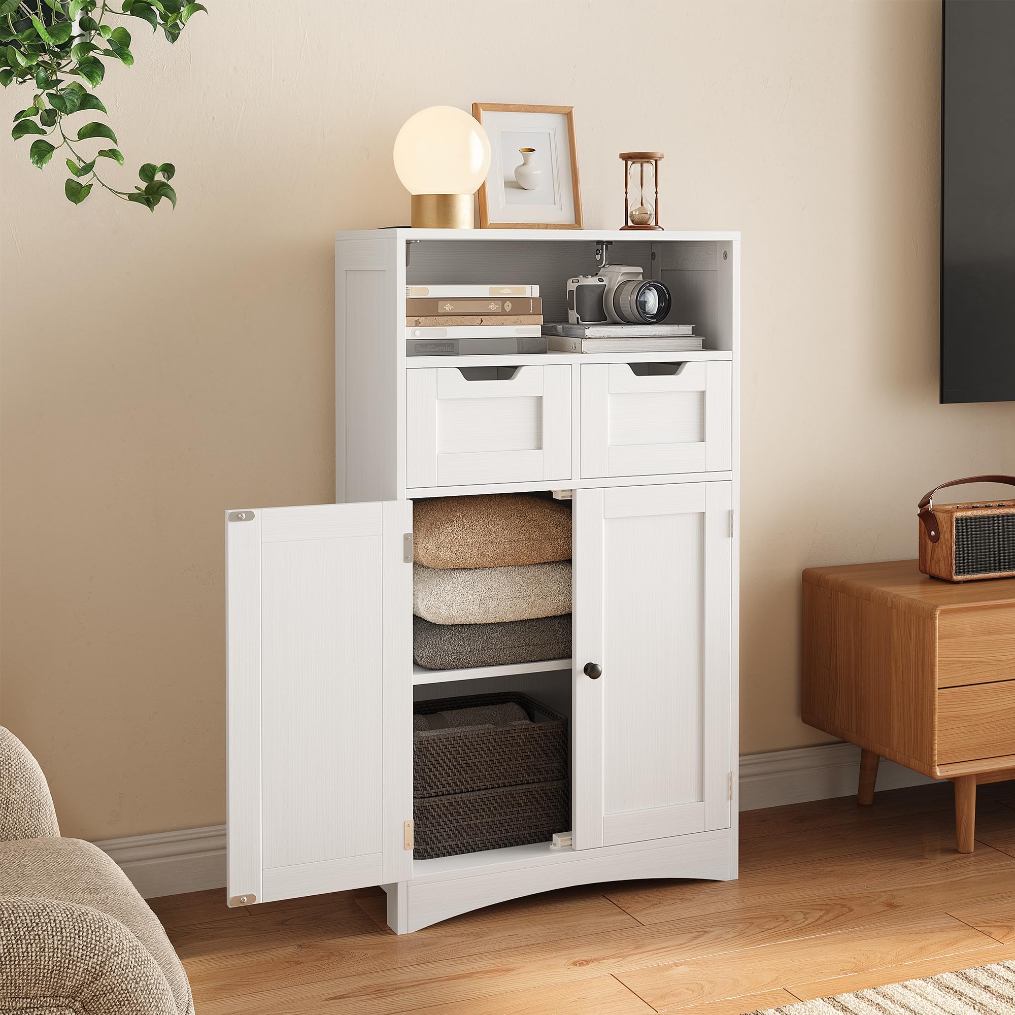 Bealife Badezimmerschrank mit 2 Schubladen, verstellbares Regal, multifunktional, für Badezimmer, Schlafzimmer, Flur (weiß, 60 x 30 x 108 cm) (weiß)