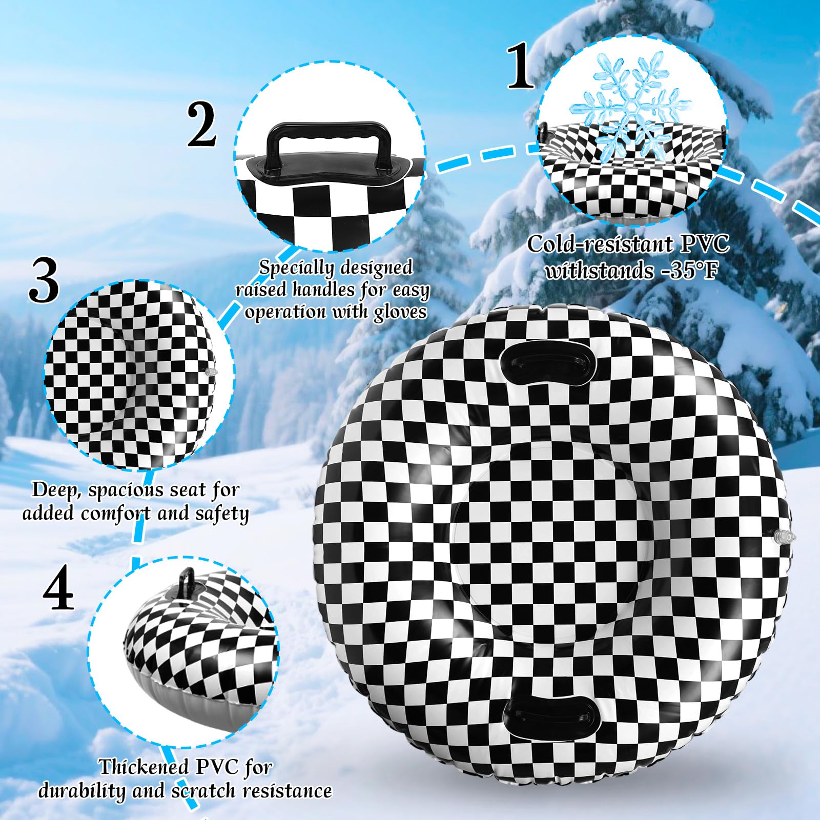 Bandera a Cuadros Blanca y Negra 101cm PVC Resistente al Frío Trineo de Nieve Inflable con Asas Elevadas