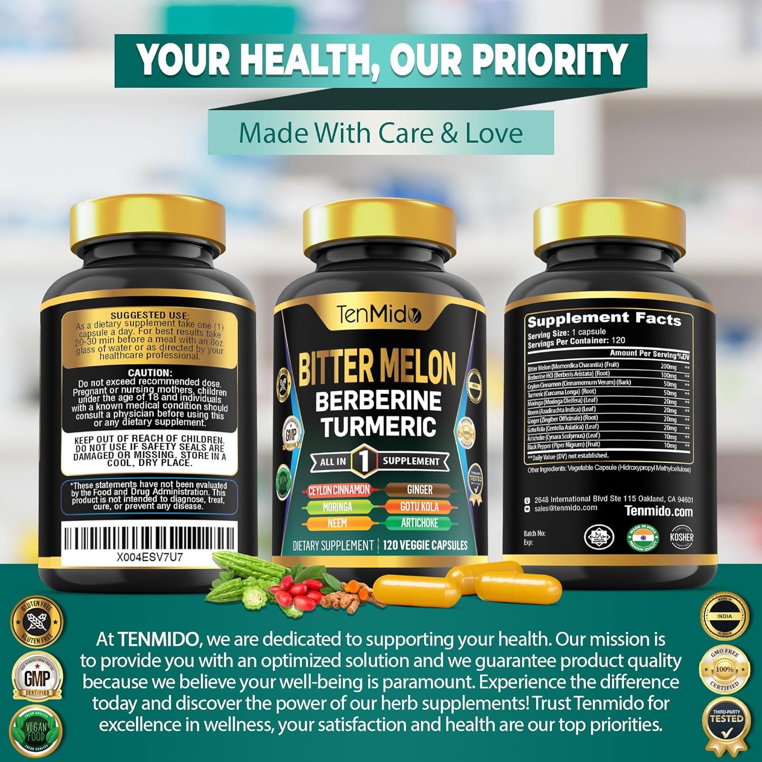 Bitter Melon Capsules - 10in1 Formula - Combine with Berberine, Ceylon Cinnamon, Turmeric, Moringa, Neem, Ginger, Gotu Kola, Artichoke, and Black Pepper - 120 Capsules for 4 Months Supply - Image 7