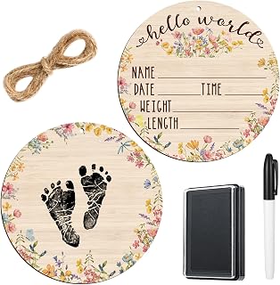 Thyle Baby Announcement Wooden Name Sign for Hospital Birth Double Sided Newborn Welcome Sign with Marker Pen and Ink Pad for Baby Shower Hand Footprints (Wildflower)