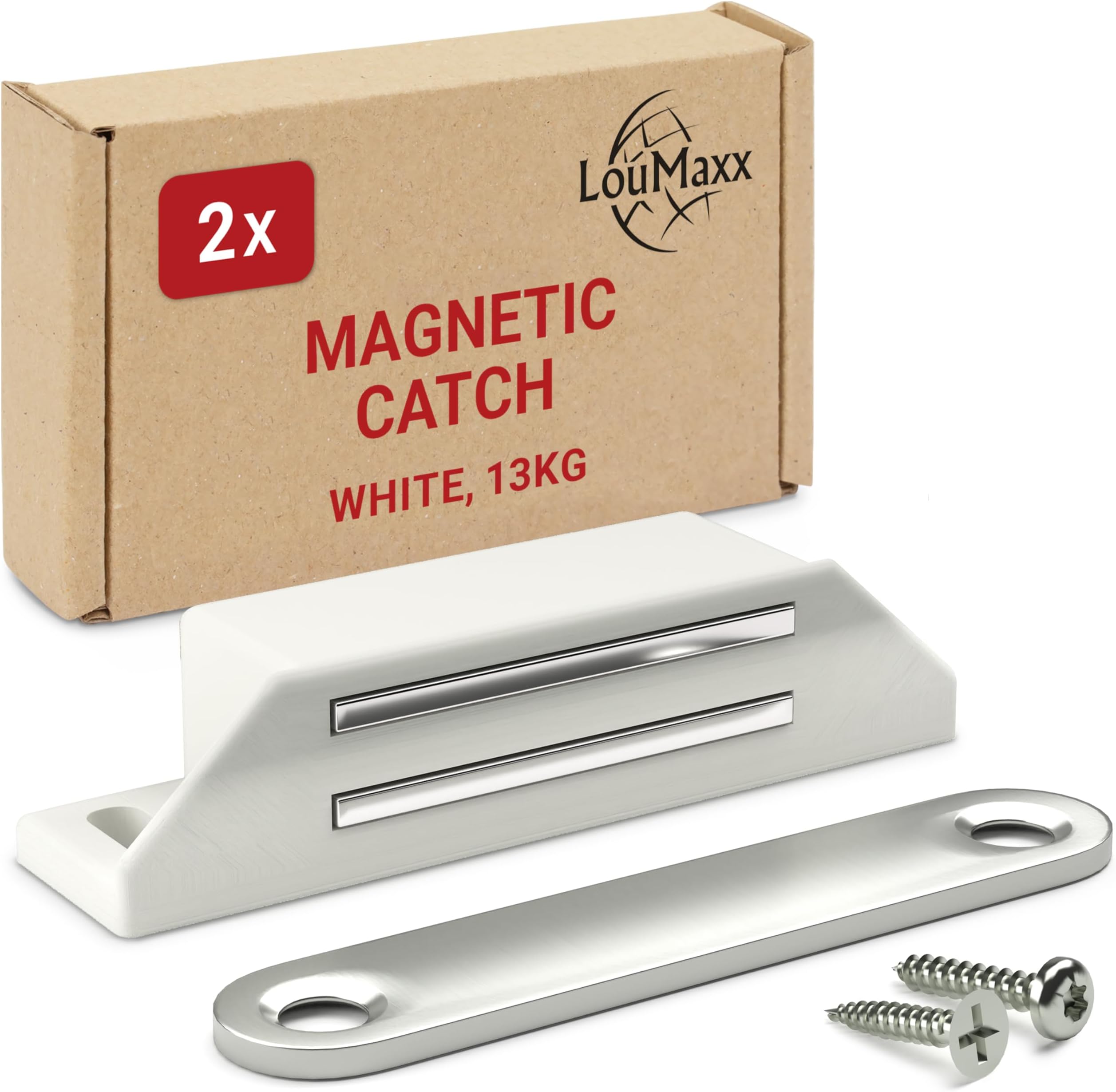 LouMaxx Magnetic Catch Extra Strong - Holding Force 13 kg - Set of 2 in White Magnetic Lock - Door Magnet - Furniture Magnet - Magnetic Cupboard Door - Magnetic Door Closer - Balcony Door Catch