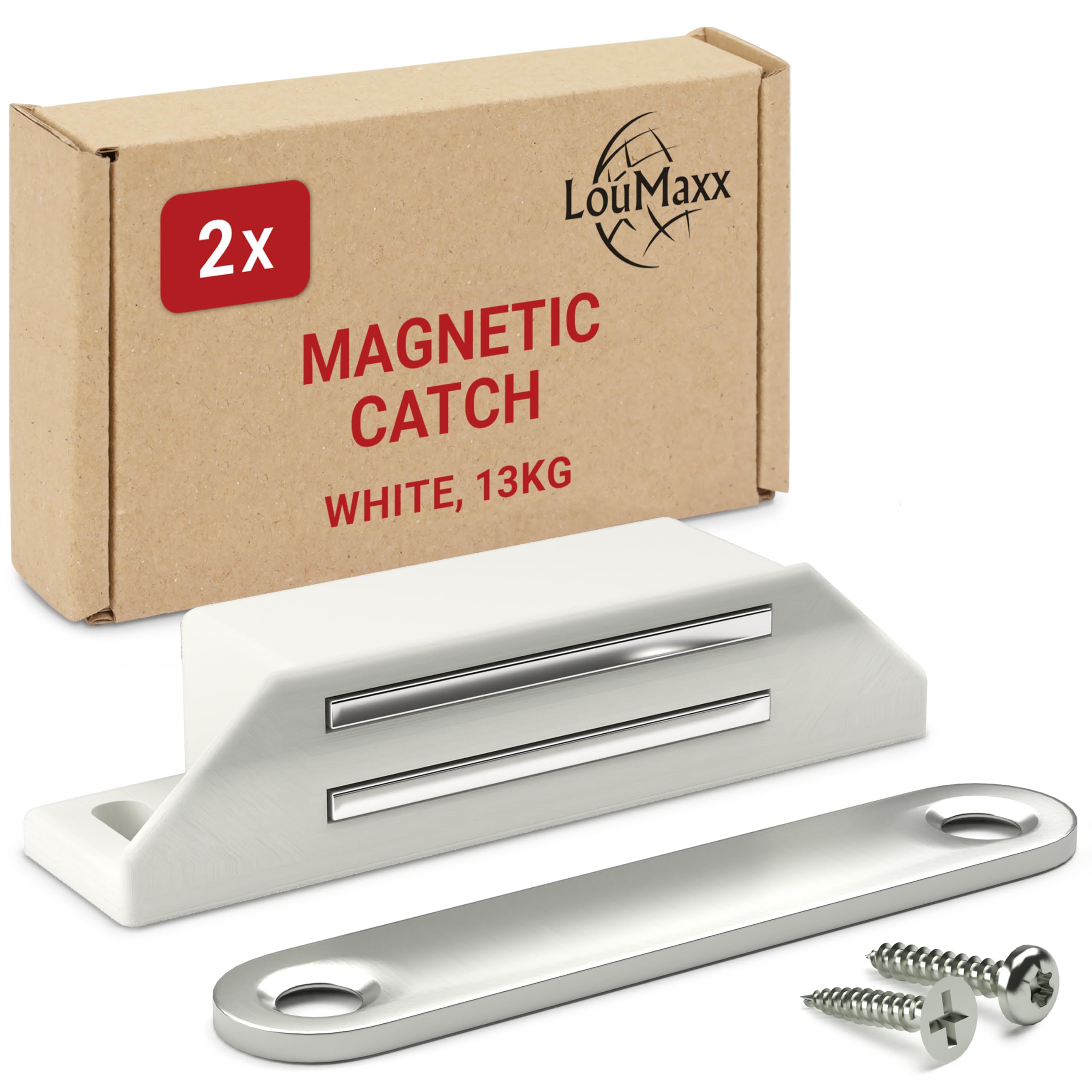 LouMaxx Magnetic Catch Extra Strong - Holding Force 13 kg - Set of 2 in White Magnetic Lock - Door Magnet - Furniture Magnet - Magnetic Cupboard Door - Magnetic Door Closer - Balcony Door Catch