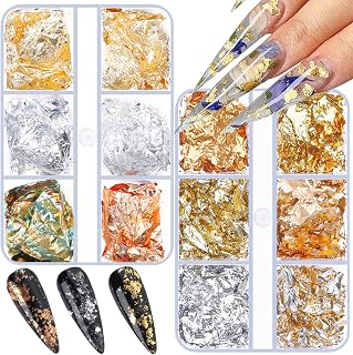 12 Colors Holographic Nail Glitter Foils Flakes Kit, 2 Boxes Metallic Gold Silver Sparkly Ultra-Thin Aluminum Foil Nail Art Flakes Design Powder Nail Glitters Sequins for Manicure Craft (2-KIT-2)