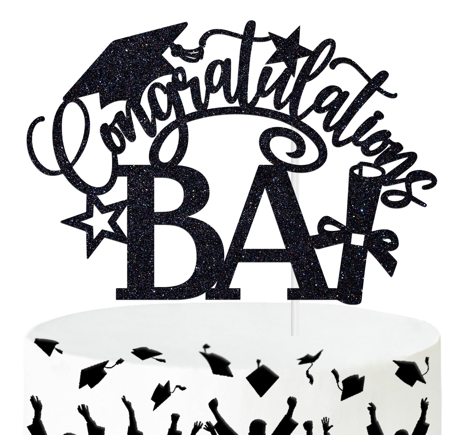 Ferburitar Congratulations BA Cake Topper, Congrats Grad/Bachelor of Arts Cake Decor, Class of 2024 College Graduation Party Decorations Supplies, Black Glitter