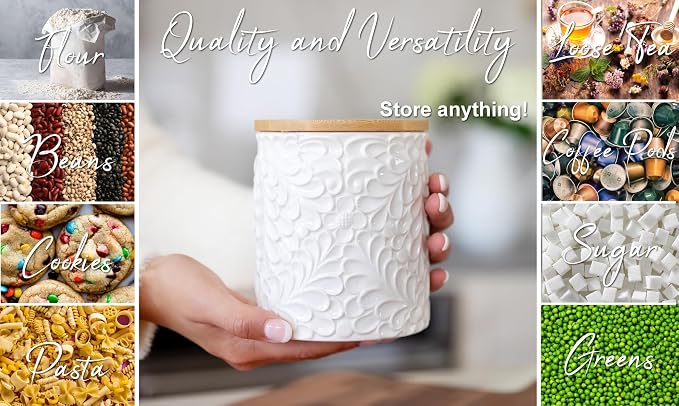 XXL 94 Oz Engraved Ceramic Kitchen Canister - Storage Jars with Airtight Lids Made from Bamboo with Nature-Inspired Engraving - Use as a Pasta Holder, Coffee Ground Holder, Rice Container, Candy Jar