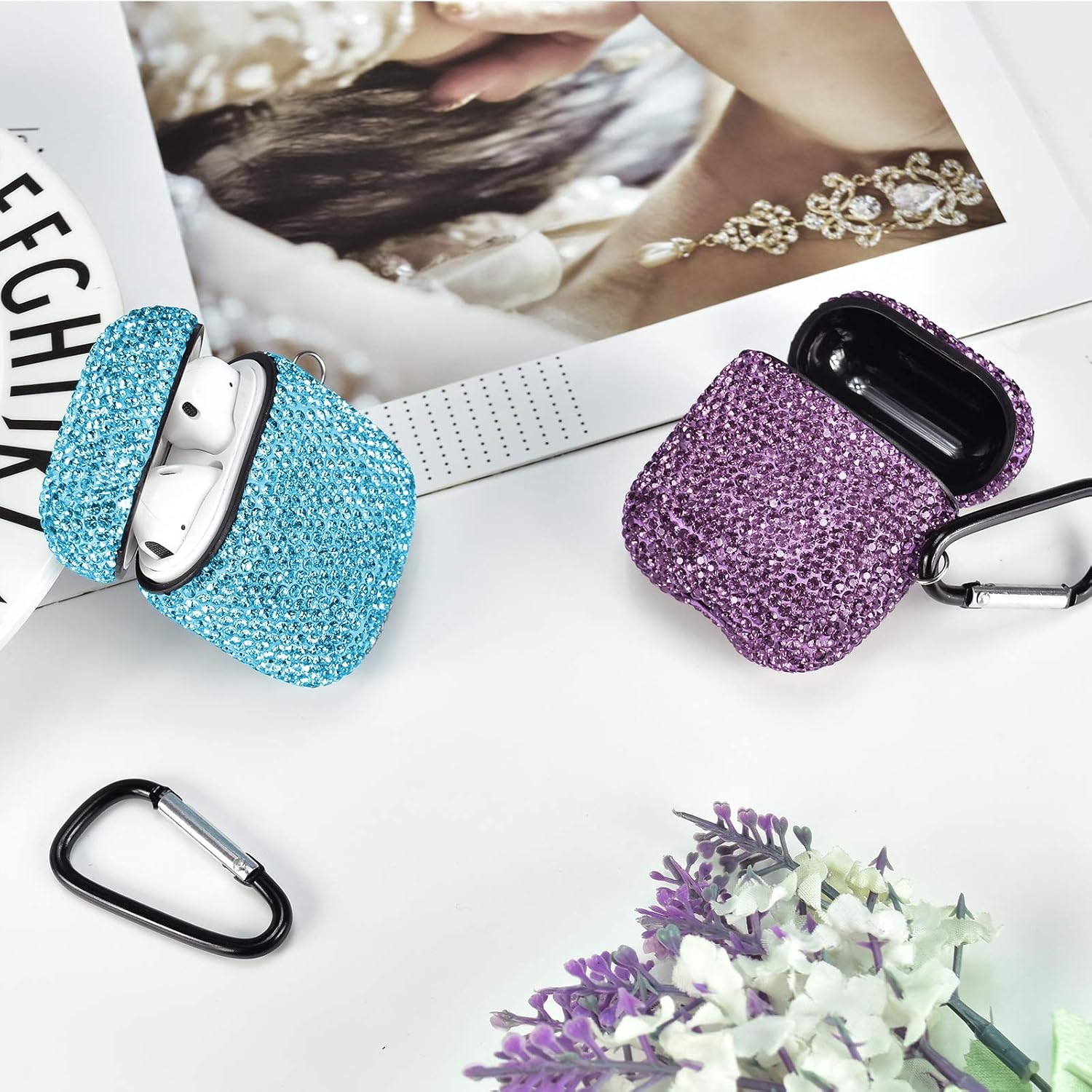 Newseego Compatible with AirPods 1 & 2 Case, Keychain+Anti-Lost Strap+Ear Hooks+Watch Band Holder,Protective Bling Crystal Glitter Luxury Shining Diamond Rhinestone Gift Scratch/Drop Proof-Blue