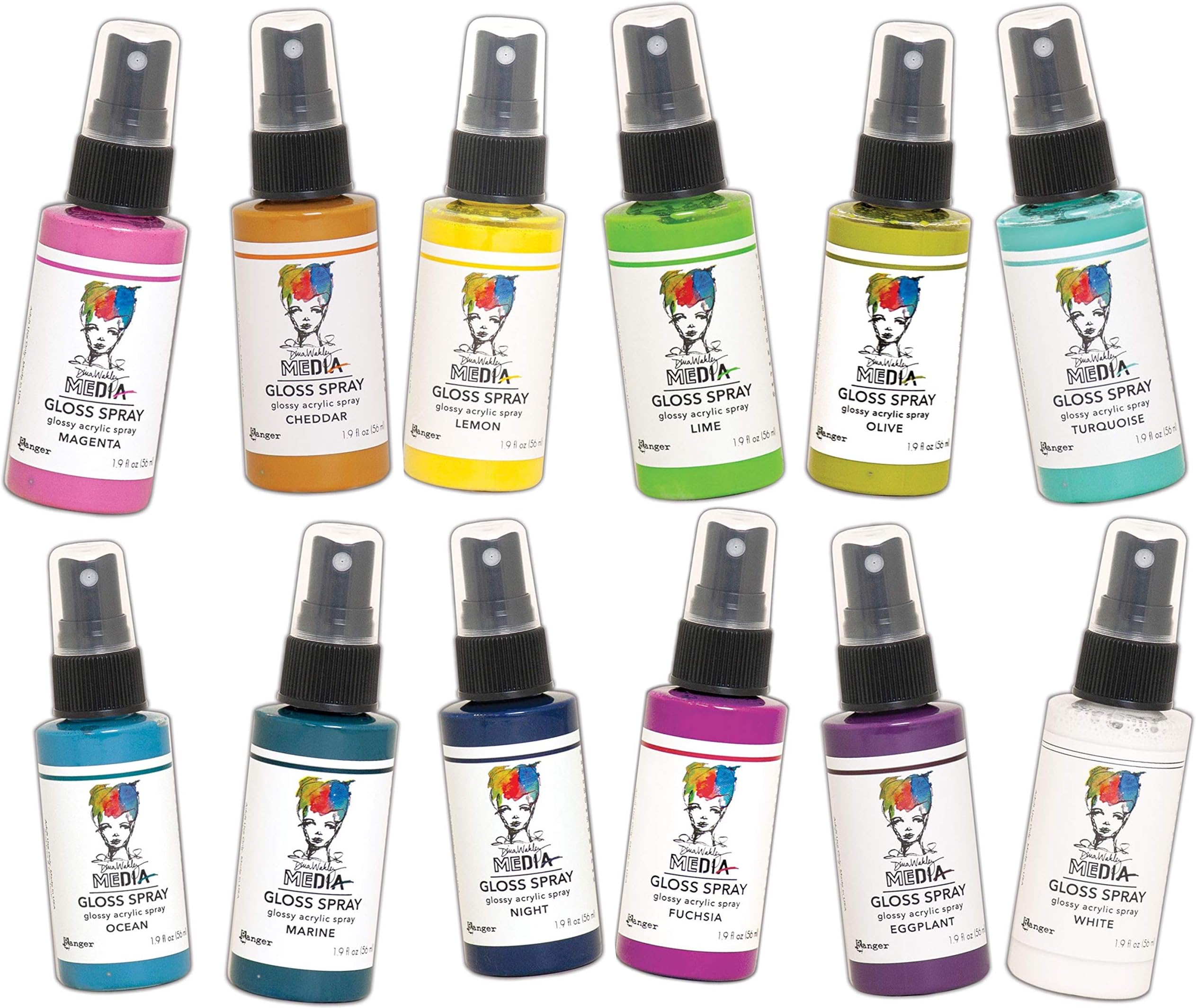 Dina Wakley MEdia Gloss Sprays by Ranger - Magenta, Cheddar, Lemon, Lime, Olive, Turquoise, Ocean, Marine, Night, Fuchsia, Eggplant, White, Bundle of 12 (1.9 Fl oz) Spray Bottles