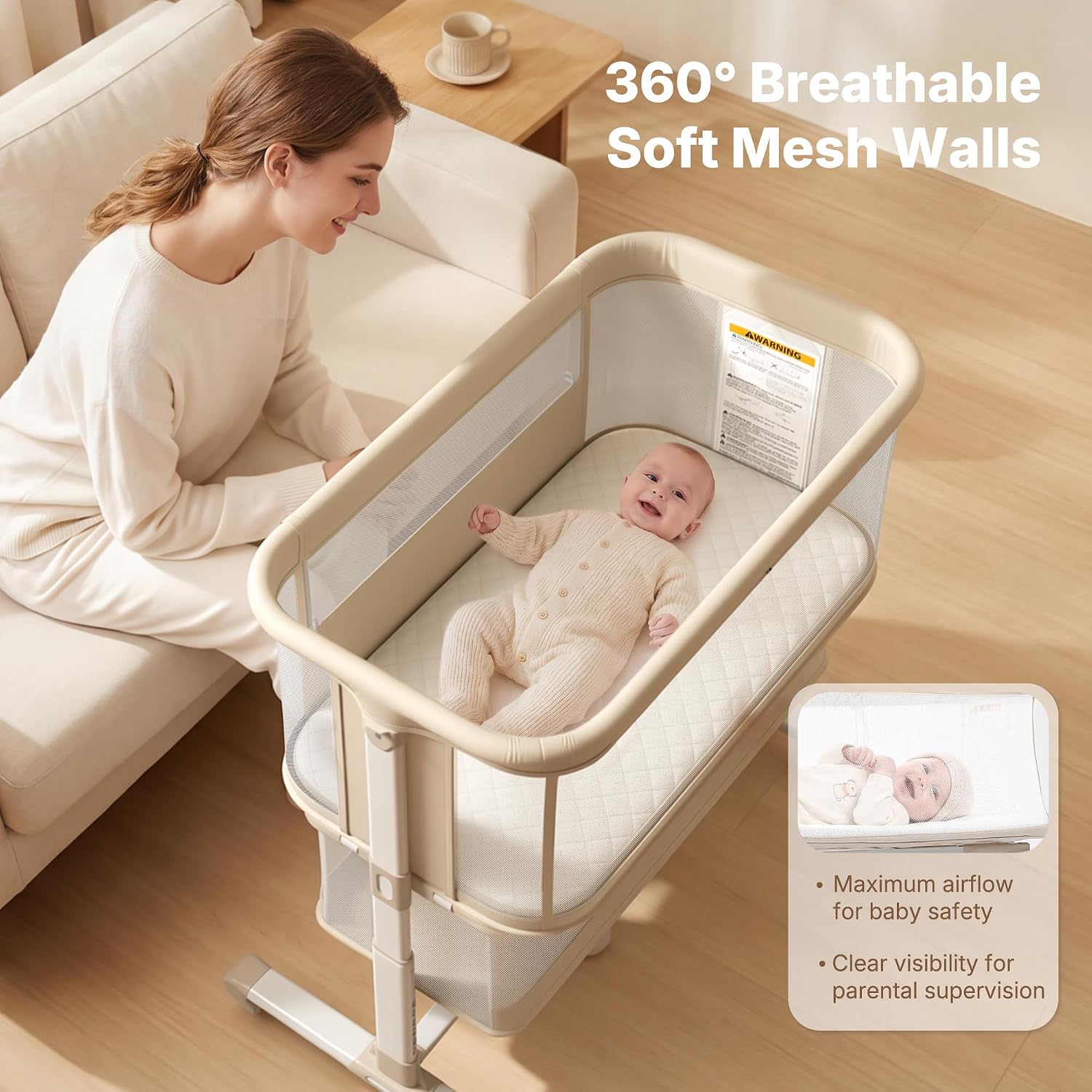 Baby Bassinet, Portable Bedside Crib with Soft Mattress, 6 Adjustable Height, Full-Mesh Sides, Lockable Wheels, Storage Basket, Mosquito Net, Bedside Sleeper for Newborn (Beige)