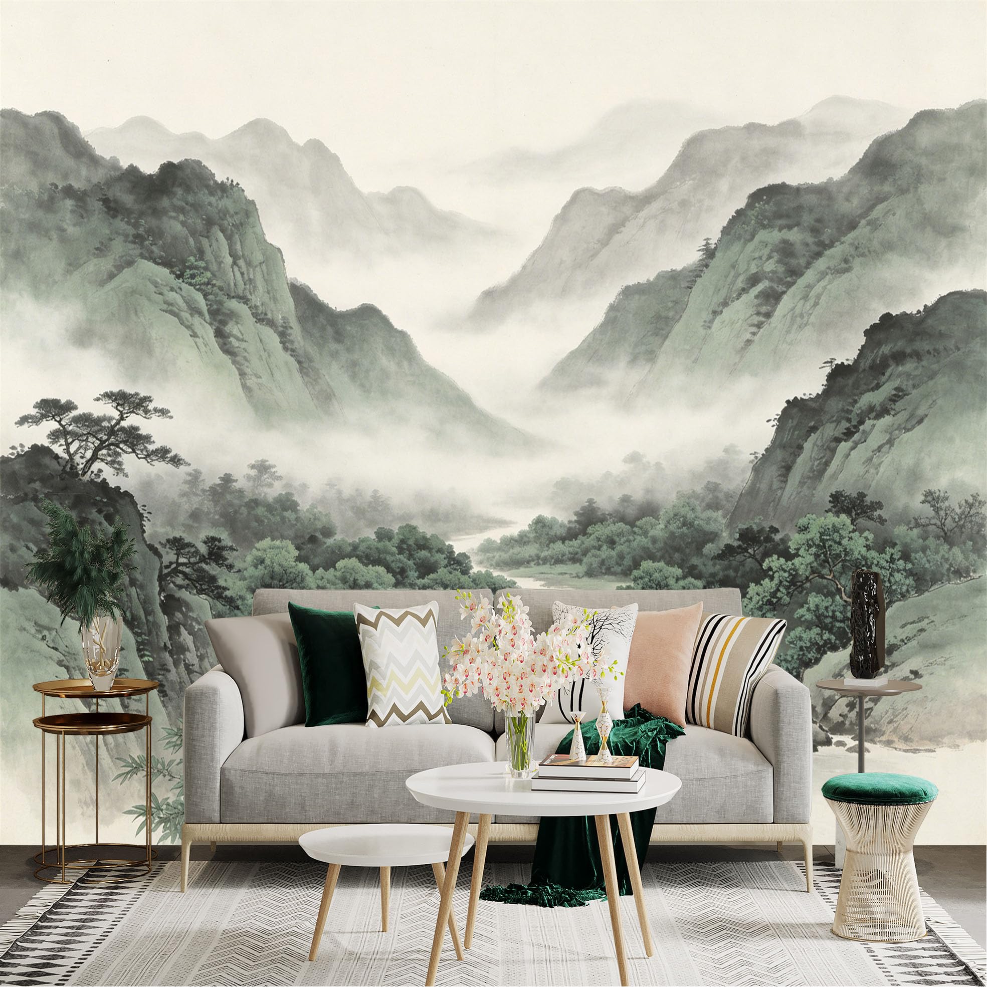 Lnzczhyre Dbh260521149 Custom Size Wall Sticker Mural， Traditional Chinese Landscape Painting， Misty Mountains With Serene River， Oriental Nature Scenery， For Wall Decoration， Peelandstick Wall Decals.