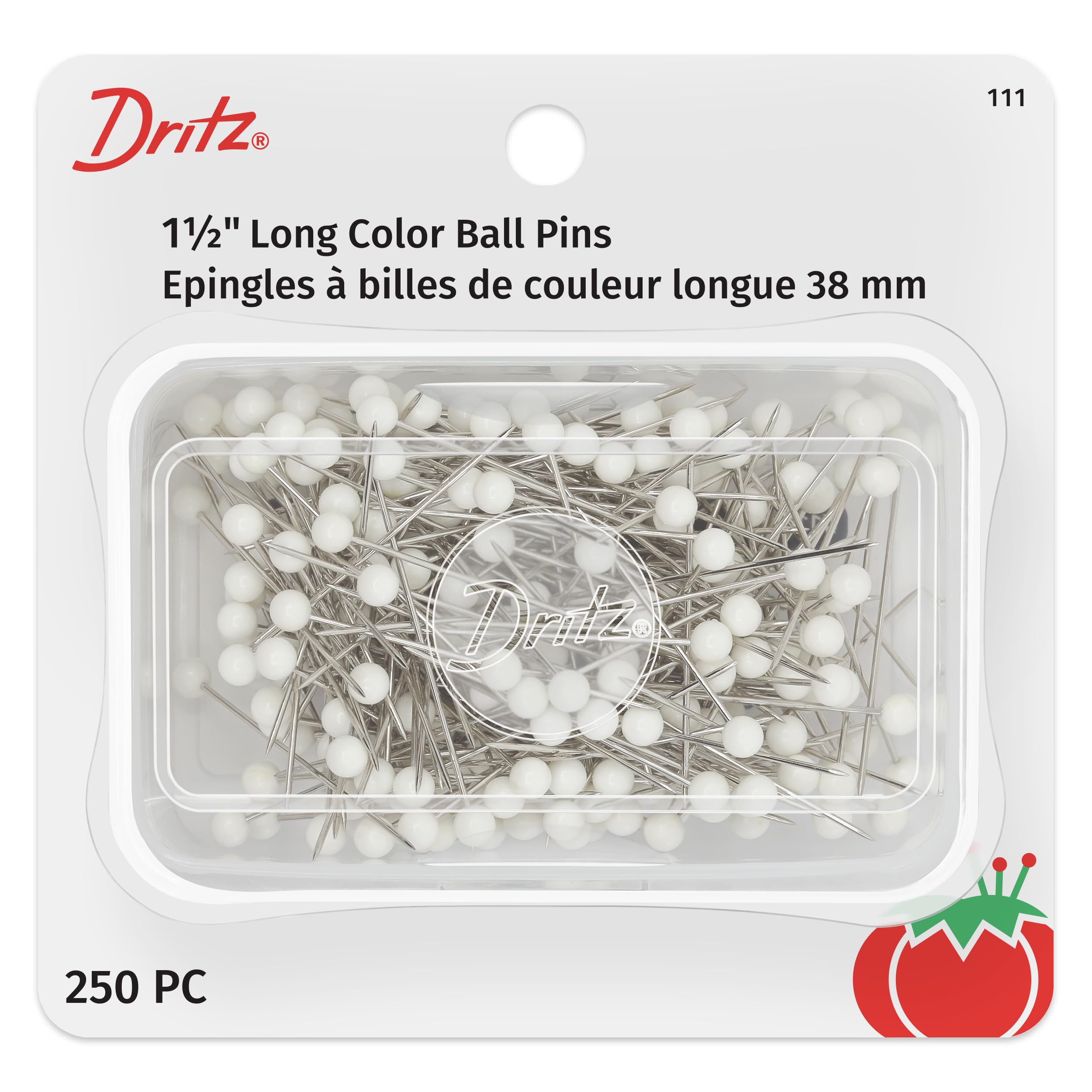 Dritz Long Color Ball Pins-Size 24 250/Pkg, Alloy Steel, White, 1-1/2-Inch