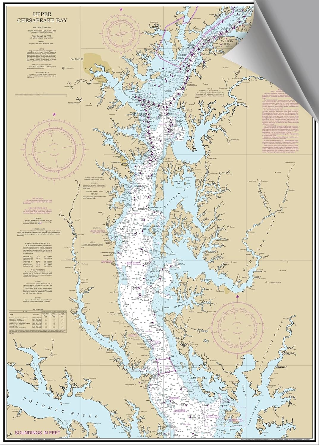 Decorative Wall Chart, Upper Chesapeake Bay Nautical, 34 x 24 Inches, Peel & Stick, No Frame Necessary      Wall Chart – Wall Map, January 1, 2017