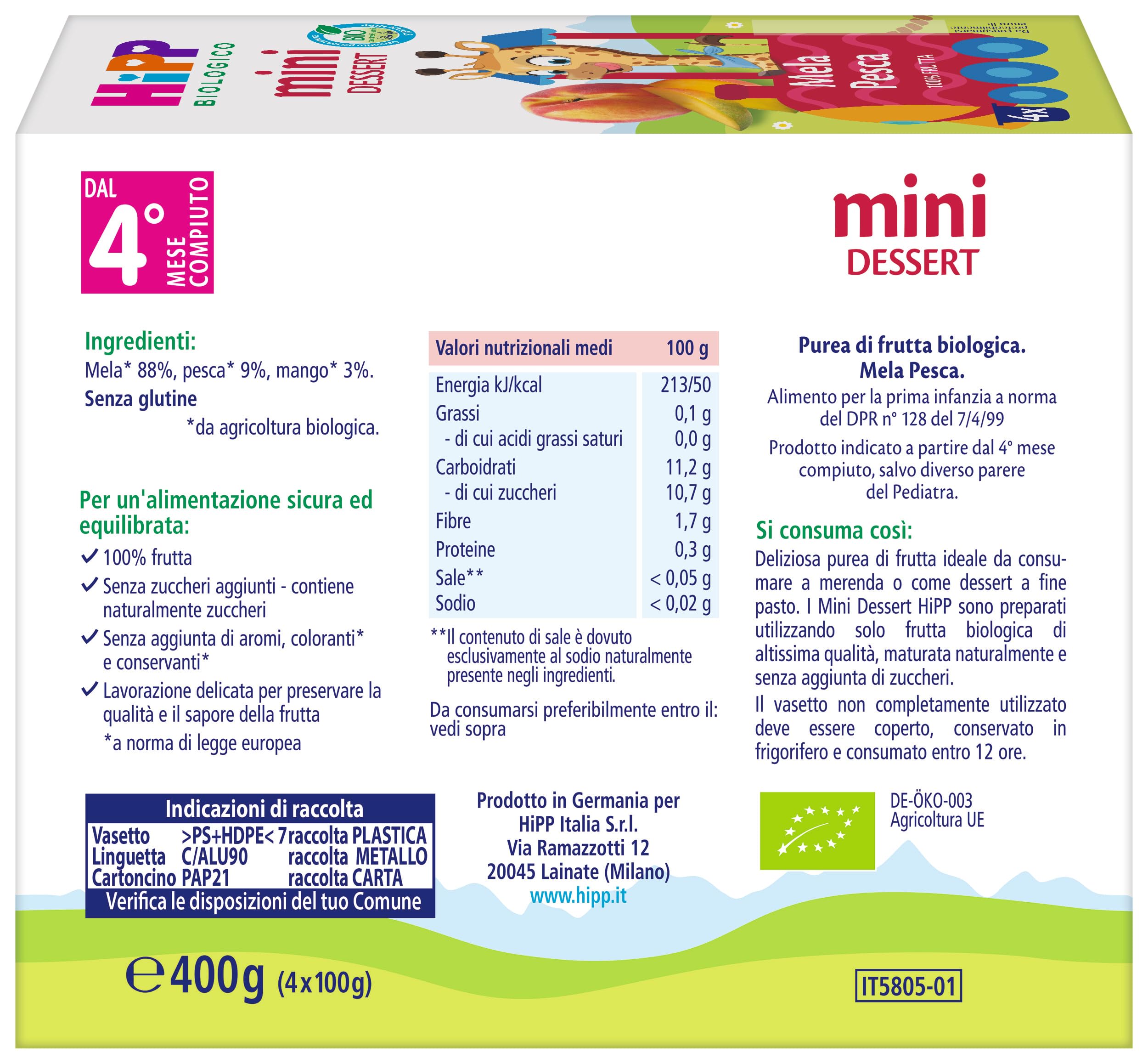HiPP - Nuovi Mini Dessert, Frutta Grattugiata Bio, Gusto Mela e Pesca,Confezione da 24 Vasetti da 100 g