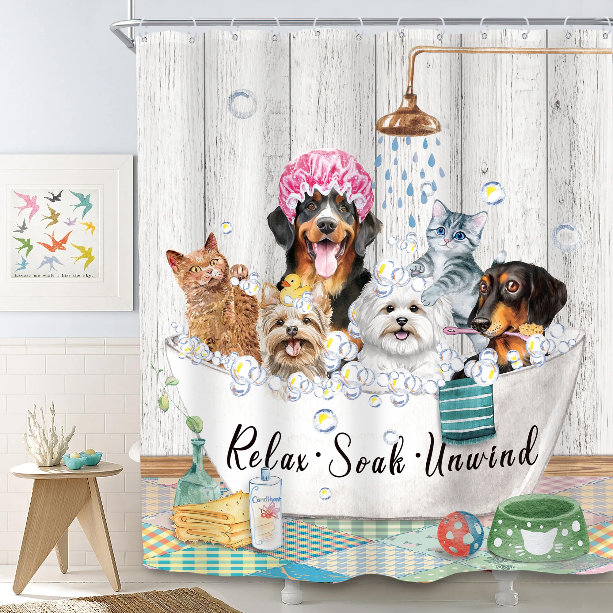 SVBright Funny Kids Shower Curtain 60Wx72L Inch Cute Dogs Cats Animal Taking a Bath in Bathtub Bubbles Farmhouse Hilarious Lovely Pets 12 Pack Hooks