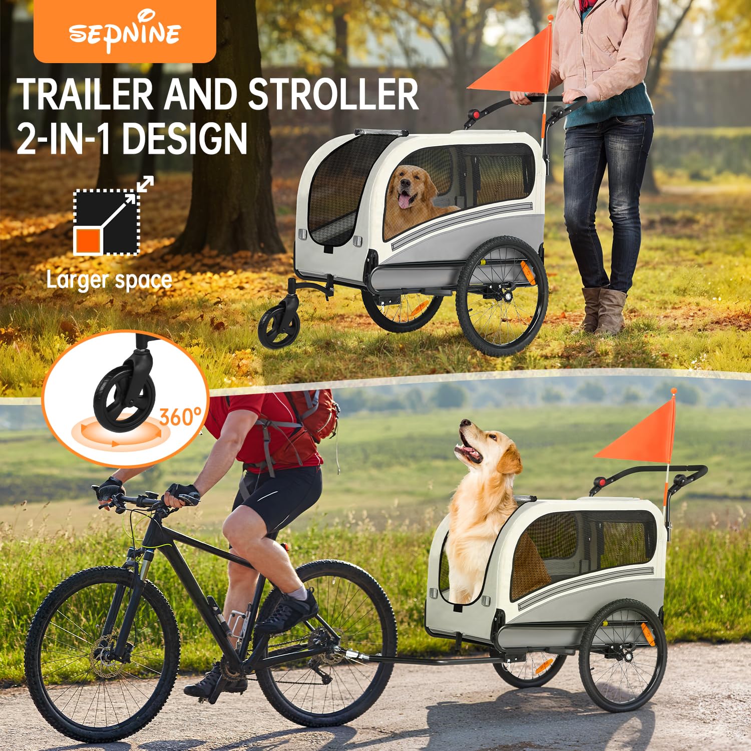 SEPNINE Rimorchio per bicicletta 2 in 1 XXL per cani, con apertura sul tetto, riflettori e strisce riflettenti, con asta scorrevole e attacco universale per bicicletta, pieghevole, fino a 50 kg