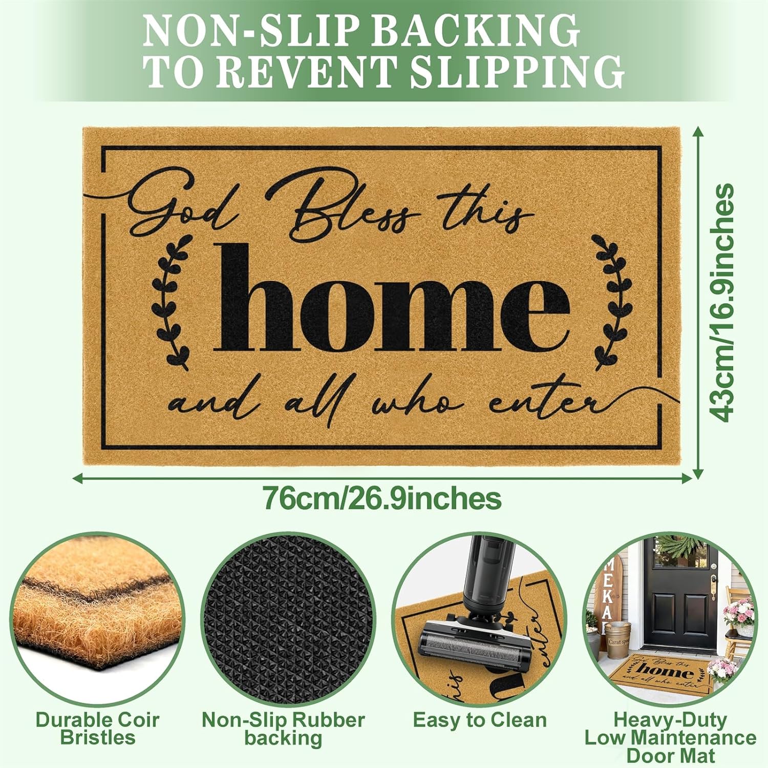 Coir Door Mat Welcome Mats for Front Door Outside Entrance Doormats with Heavy Duty Backing God Bless Matt for Religious Gifts Anti-Slip Christian Rug for Porch Home Outdoor Decoration 16.9"x29.9"
