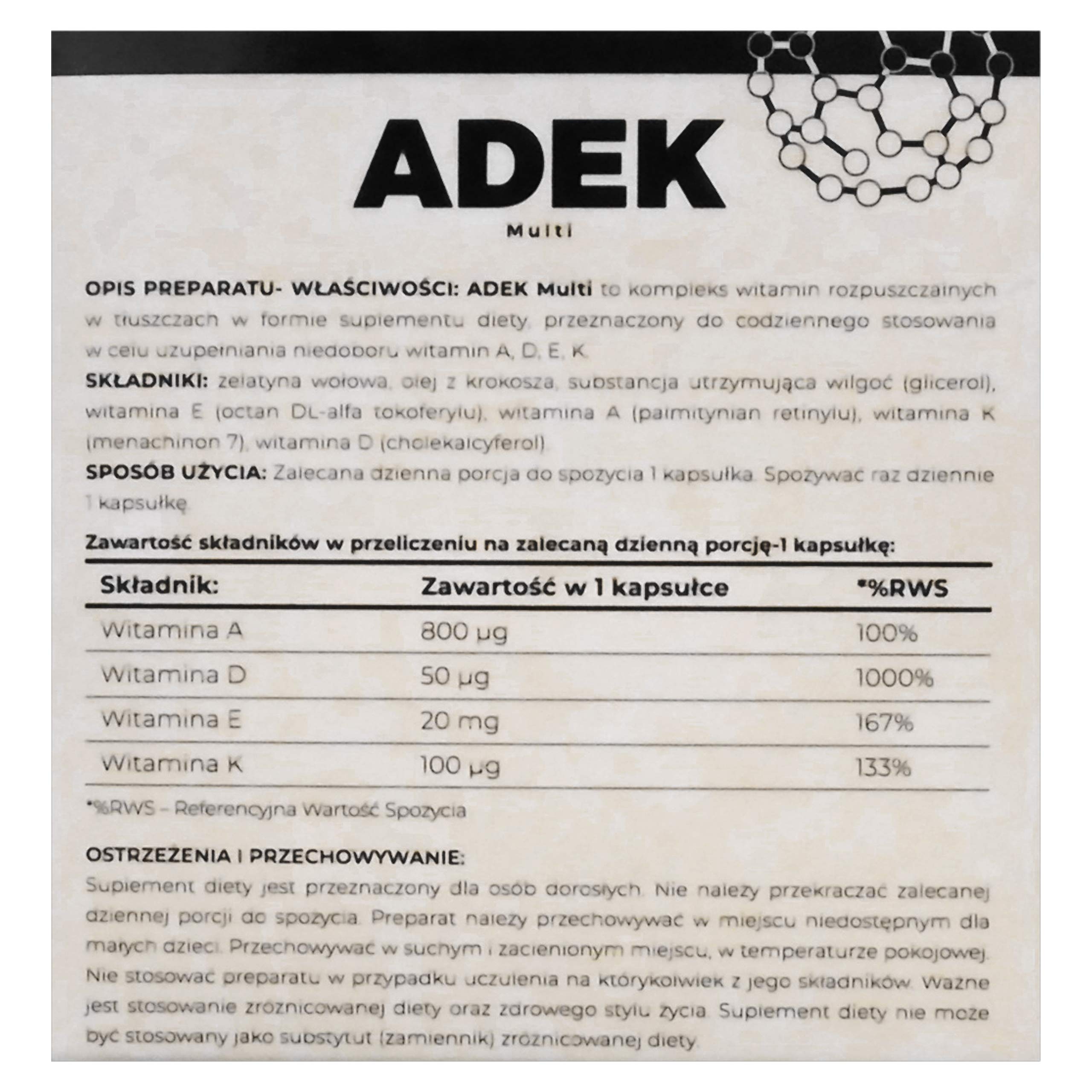 ADEK Multi 100 kapsułek witaminy A D E K kompleks bez kazeiny, glutenu, sól, cukieru, drożdży konserwantów, rozpuszczalne w tłuszczu, witaminy
