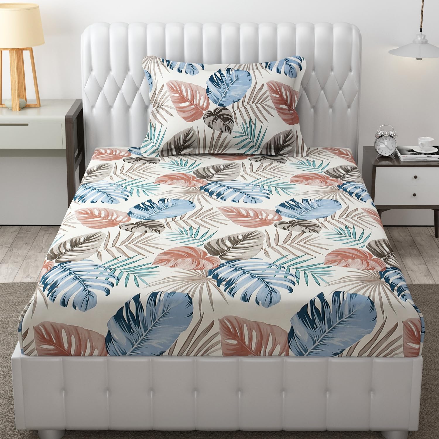 FRESH FROM LOOM Microfiber Single Bed Bedsheet For Single Size Bed | Floral Design Bed Spread With 1 Pillow Covers | Wrinkle Free Hypo-Allergenic Bedsheets/Bedcover (60X90 Inches | Bbm White), 144 tc