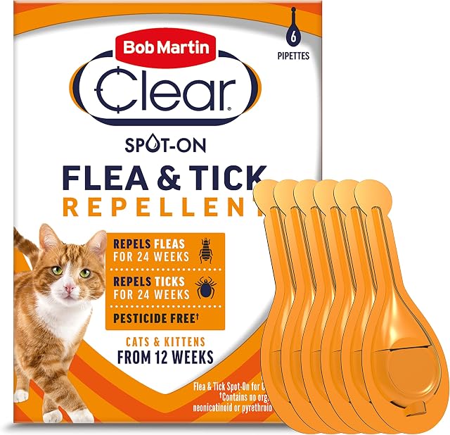 Bob Martin Clear | Spot On Flea & Tick Repellent for Cats and Kittens | Pesticide Free | Clinically Proven Protection (6 Pipettes )