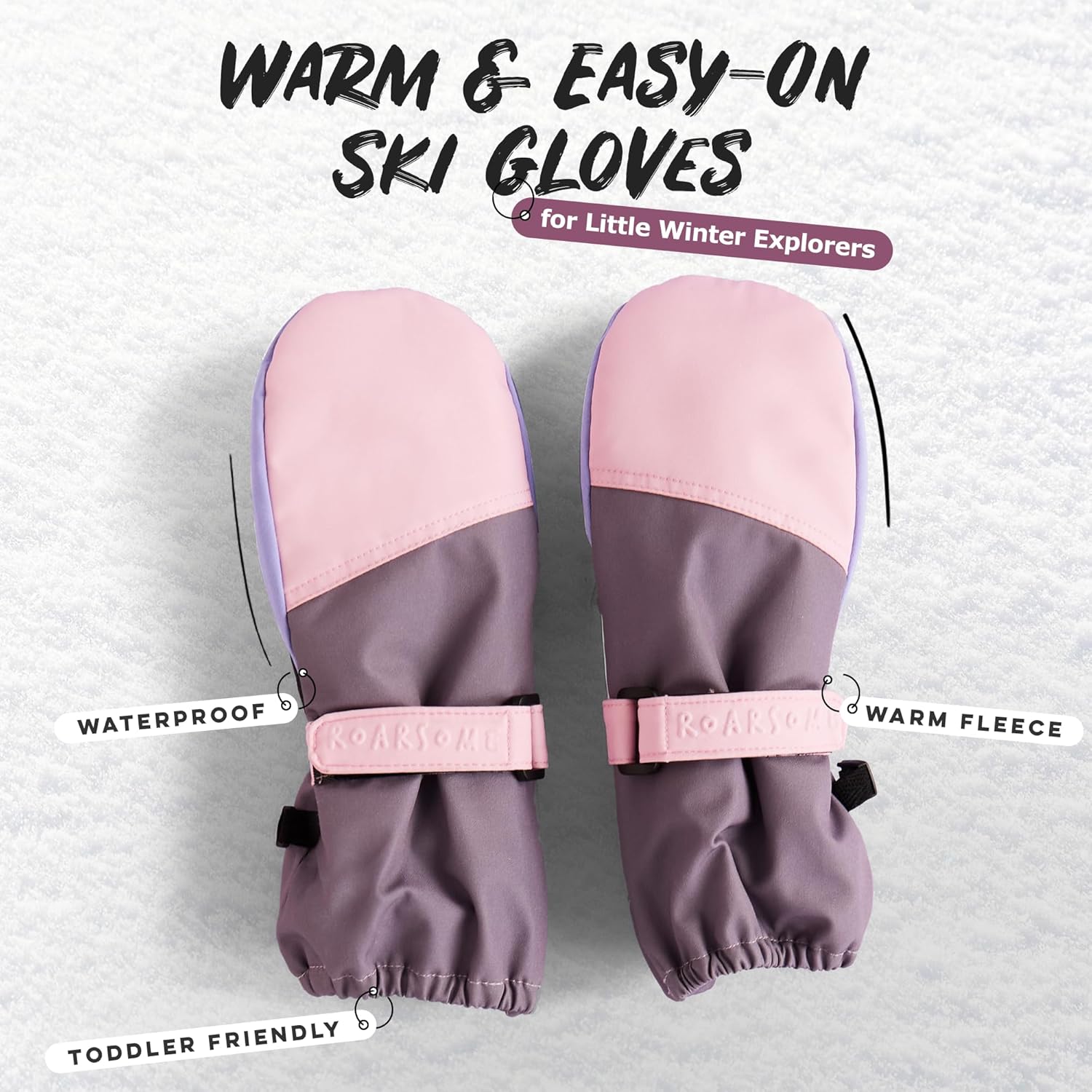 Roarsome Kids Ski Gloves – Waterproof Snow Gloves with Easy Zip Entry, Warm Micro Fleece Lined Winter Gloves