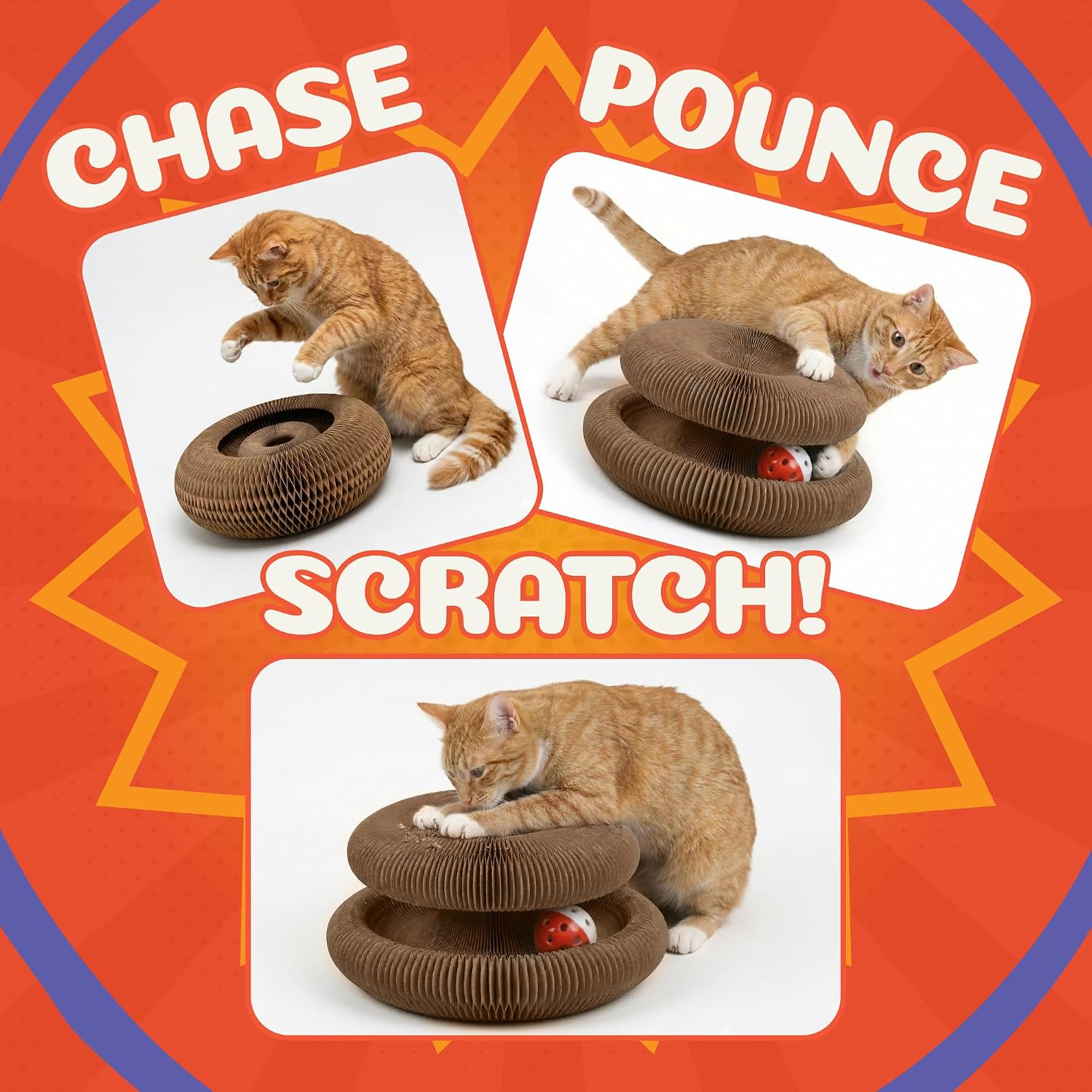 Kitty&Scratch Cat Scratcher Toy | Cardboard Cat Toy with Ball Track with Bell | Kitty Kurlz | Kitty Curls Style Accordion Toy (2 pcs) image 2