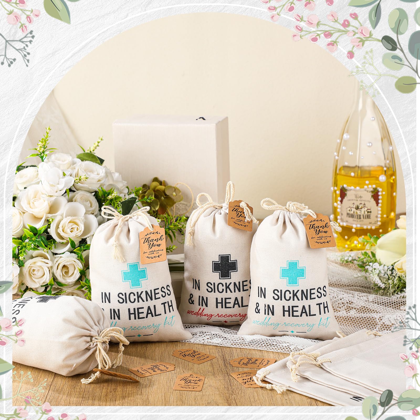 SATINIOR 24 Sets Hangover Recovery Kit Taschen 12,7 x 17,8 cm in Krankheit und Gesundheit Hochzeit Kater Survival Kit mit Dankeskarte und Kordelzug für Junggesellinnenabschied, Brautparty, Hochzeit