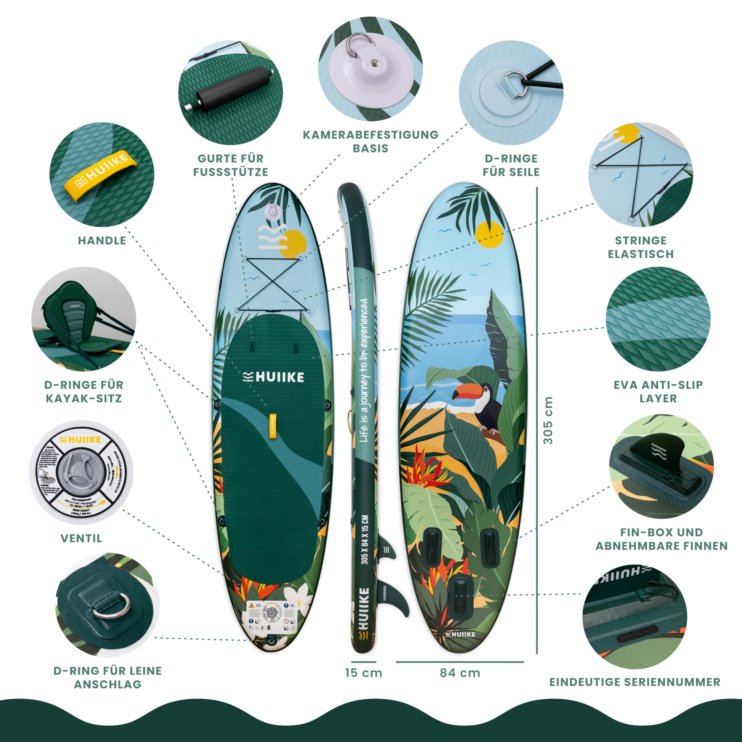 HUIIKE Stand Up Paddling Board mit Zubehör, Paddel, Finnen, Pumpe. Paddle Sup Board Aufblasbar Hohe Stabilität und Widerstandsfähigkeit. 305 x 84 x 15 cm, Belastbar bis 130 kg