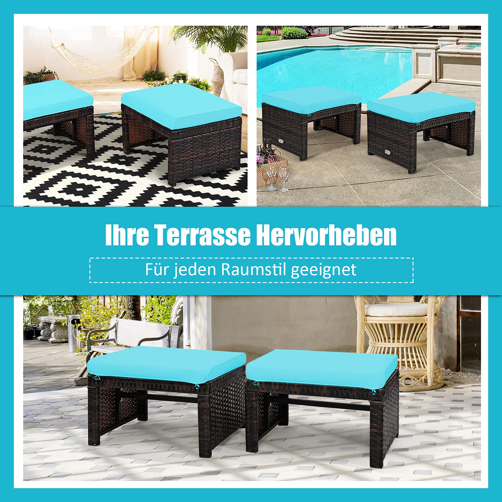 Produktbild von 2er Set Gartenhocker COSTWAY 2er Set Rattan Fußhocker - Schnelltrocknend Für Garten & Balkon Schnelltrocknende Hocker