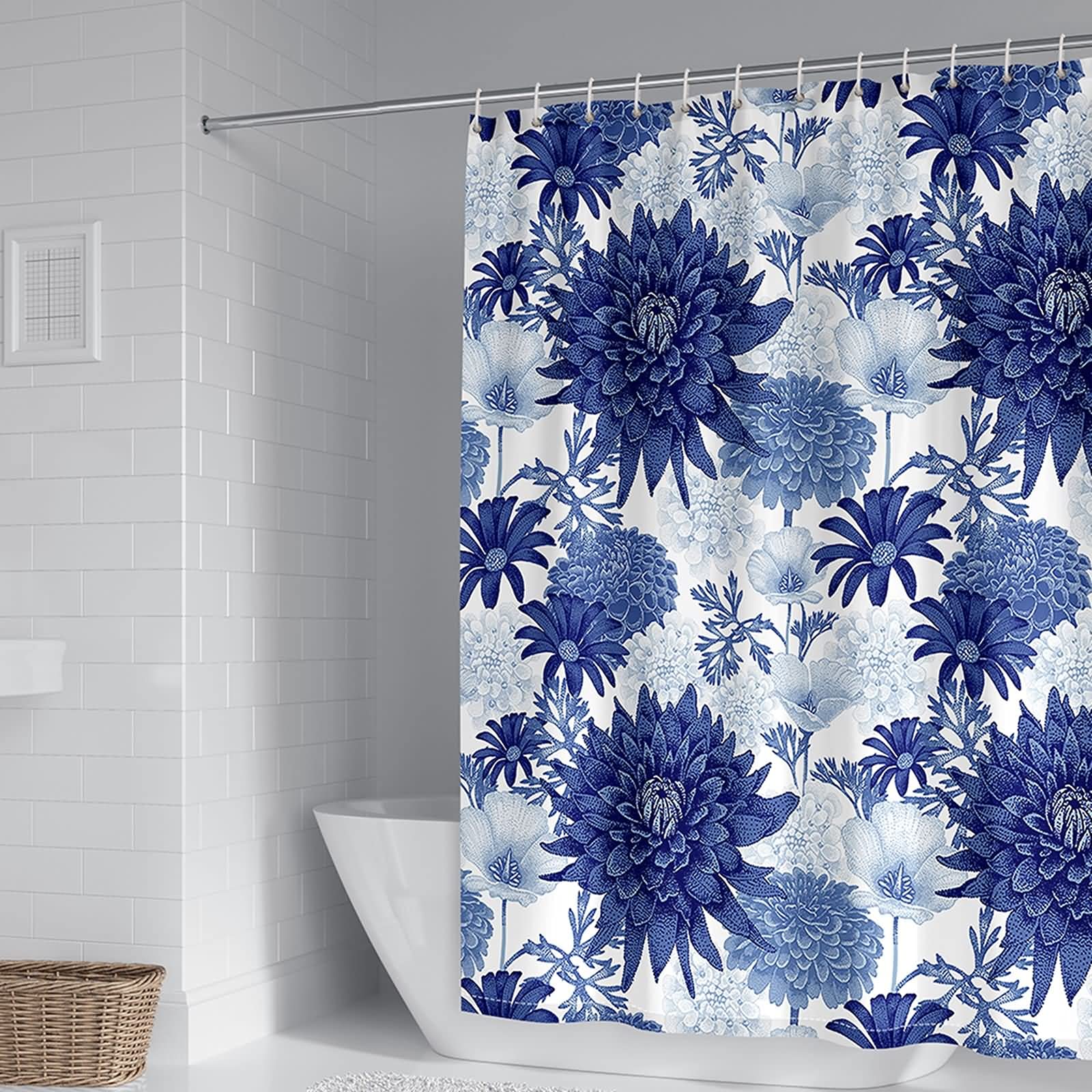 Rideau de douche de qualité KnSam en polyester aux finitions soignées fleurs bleues