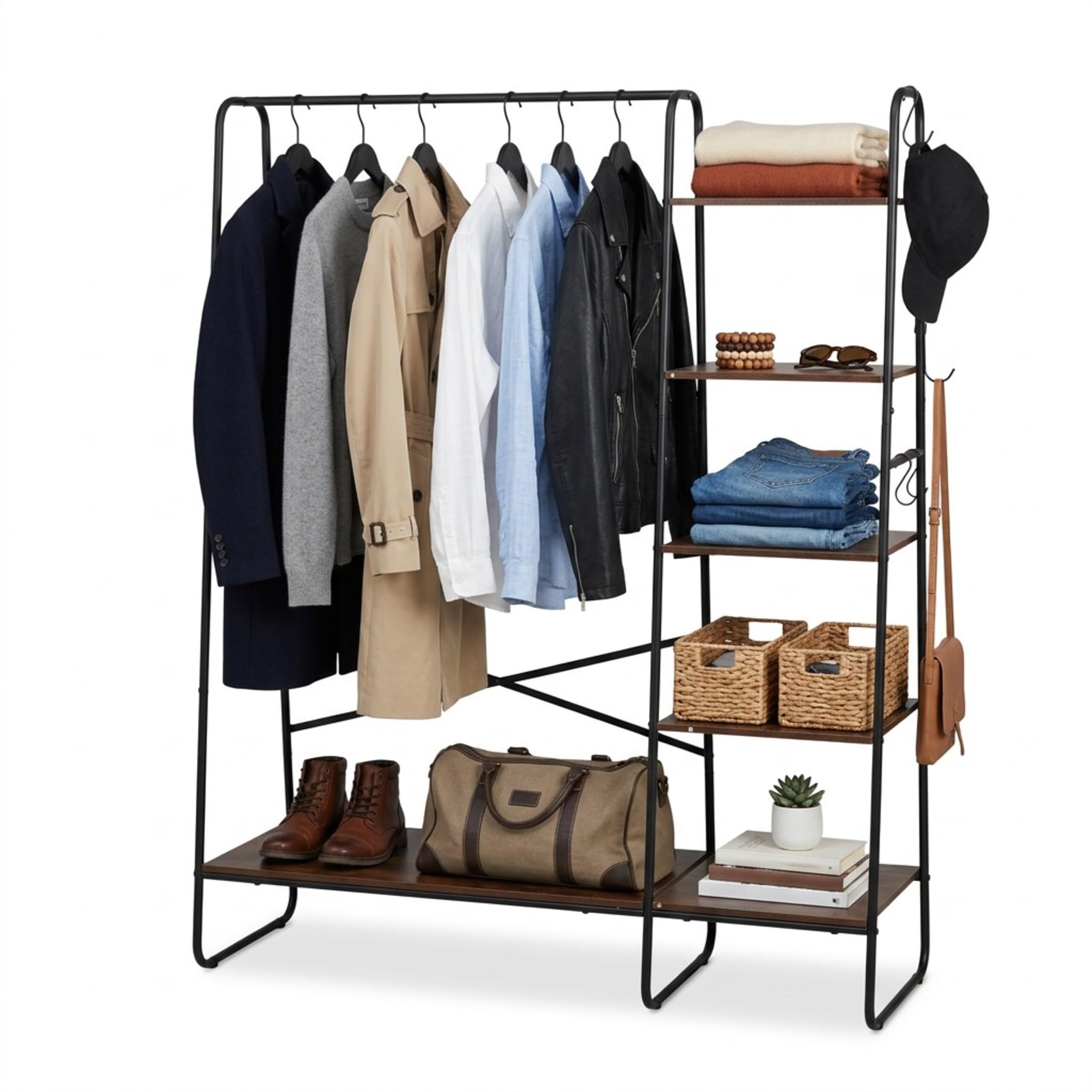 Relaxdays Coat Rack with 6 Shelves and Hooks, 160x120x45cm, Brown/Black