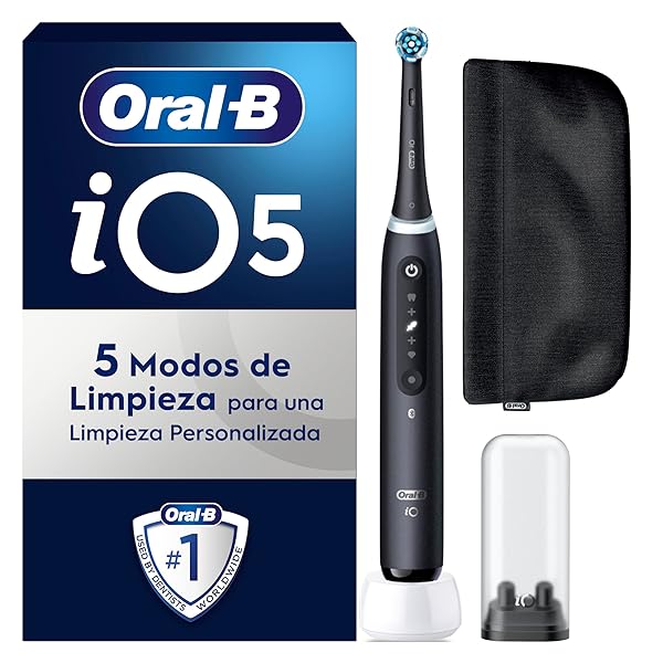 Oral-B iO 5 Black Electric Toothbrush with 1 Head, 1 Magnetic Case and 1 Refill Holder, 5 Brushing Modes, Pressure Sensor and Timer, Designed by Braun