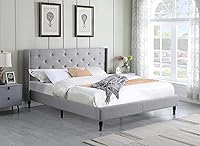 Vista 2 de Base de cama de plataforma tapizada tamaño King con cabecera de 45 pulgadas y base ajustable, cama de lino copetuda con botones, soporte de listones