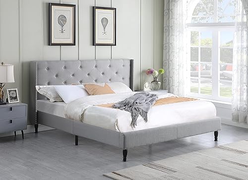 Miniatura 8 de Base de cama de plataforma tapizada Queen con cabecera de 45 pulgadas y base ajustable, cama de lino copetuda con botones, soporte de listones de