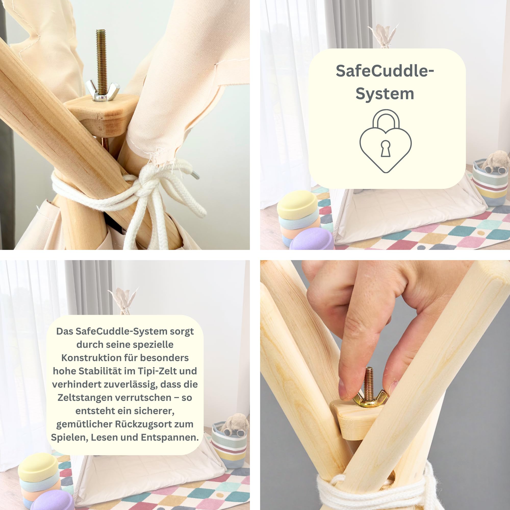 Tipi Zelt für Kinder (Sandburgen Beige) – Spielzelt aus Silky Cotton & Holz inkl. Kuschelmatte, Tragetasche & SafeCuddle Stabilisator | Tippi Kinderzelt Indoor für das Kinderzimmer