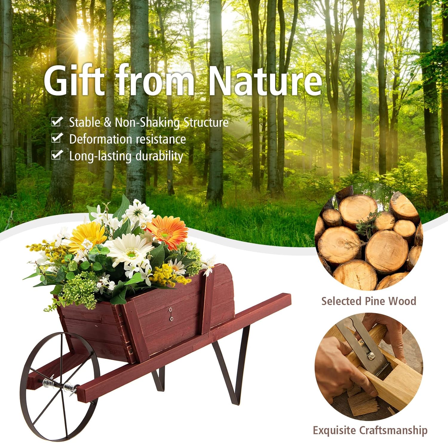 Wooden Wagon Planter, 27.5"x10.5"x11.5" Wheelbarrow Cart Plant Pot with Halloween Decoration & Metal Supports, Single Wheel Movable Garden Flower Cart Planter for Yard, Backyard (Red)