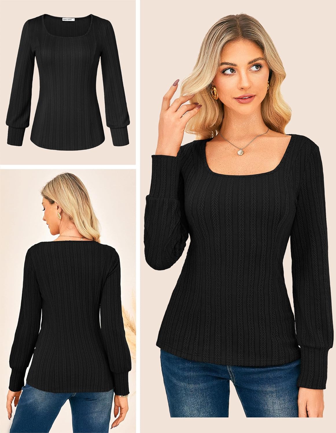 GRACE KARIN Womens Fall Long Sleeve Trendy Tops 2025 Square Neck Ribbed Casual Shirts Cozy Basic Sweater - Image 2