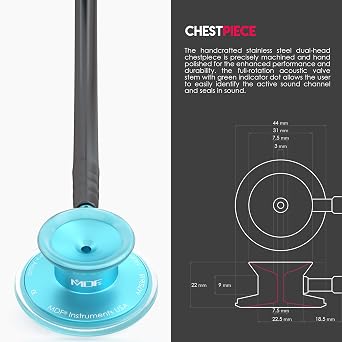 MDF Instruments, Acoustica Lightweight Stethoscope for Doctors, Nurses, Students, Home Health Use, Adult, Dual Head, Black Tube, Aqua Chestpiece-Headset, MDF747XPAQ11