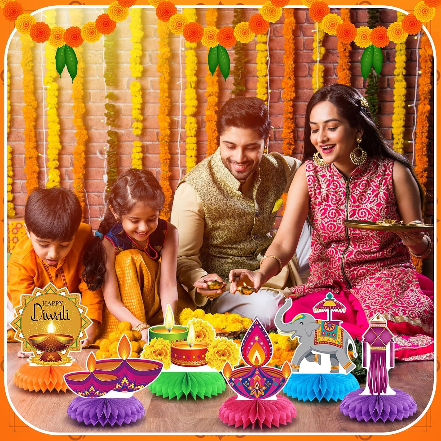 12 Pcs Diwali Party Decorations Honeycomb Centerpieces Happy Diwali Table Decoration Elephants Marigold Candlestick Indian Hindu Lights Table Topper for Indian Party Favors Supplies image 4